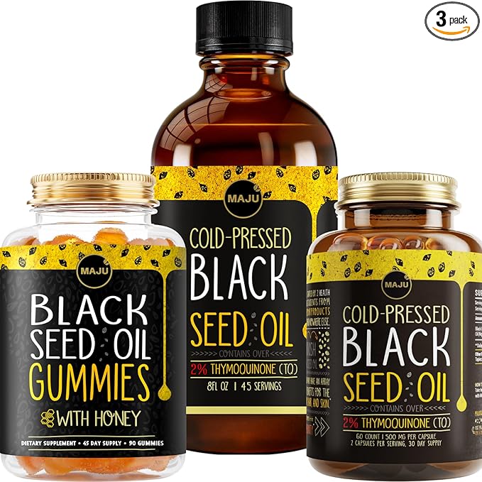 Maju Superfoods Black Seed Oil 3-in-1 Bundle Gummies Capsules &amp Liquid