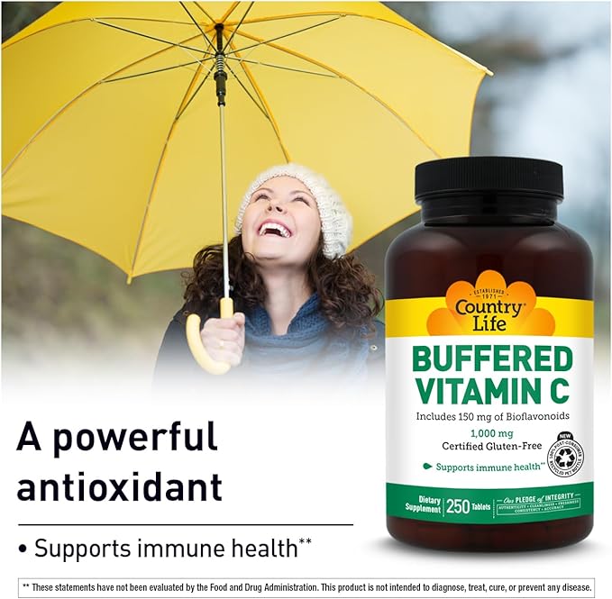 Country Life Buffered Vitamin C 1000mg with Bioflavonoids Calcium Magnesium Potassium - Immune Support Vegan Capsules Gluten-Free Gentle on Stomach - 250 Tablets