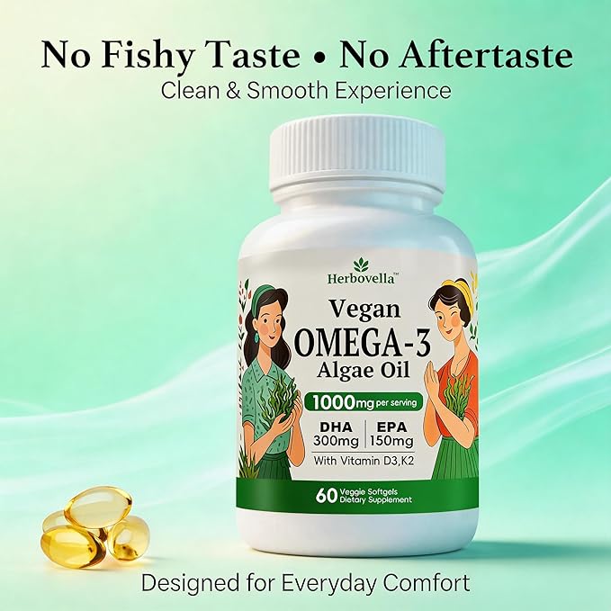 Vegan Omega 3 Softgels from Algae Oil – Fish Oil Alternative DHA 300mg EPA 150mg with Vitamin D3 K2 No Fishy Taste Plant-Based Omega-3 Supplement
