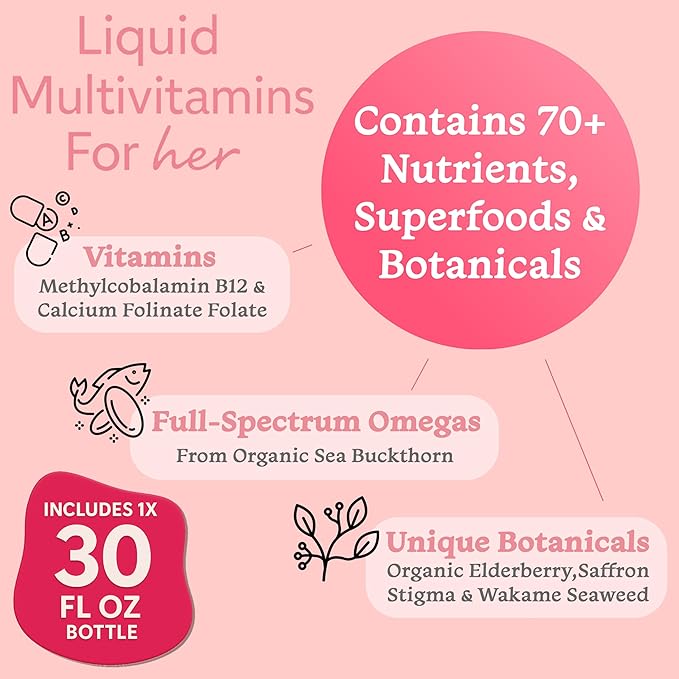 Liquid Multivitamin for Women | Sugar Free | 70+ Nutrients for High Absorption | B12 Folate Biotin Omega 3 6 7 9 | Energy Mood &amp Immune Support | Vegan Non-GMO | Mixed Berry | 30 Fl Oz