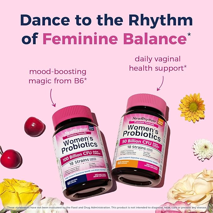 NewRhythm Probiotics for Women P-5-P Vitamin C &amp Organic Cranberry 100 Billion CFU 18 Strains Prebiotics &amp Vaginal Probiotics for Digestive Health &amp PH Balance 60 Capsules No Dairy