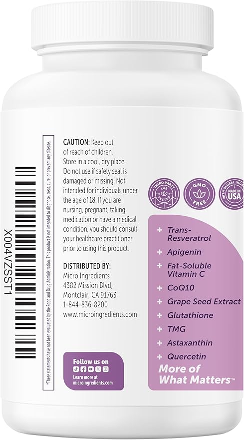 Micro Ingredients NMN Complex 1000mg Per Serving 120 Veggie Capsules | 10-in-1 with Nicotinamide Mononucleotide Resveratrol CoQ10 Quercetin &amp Glutathione | NAD+ Supplement Precursor | Filler F