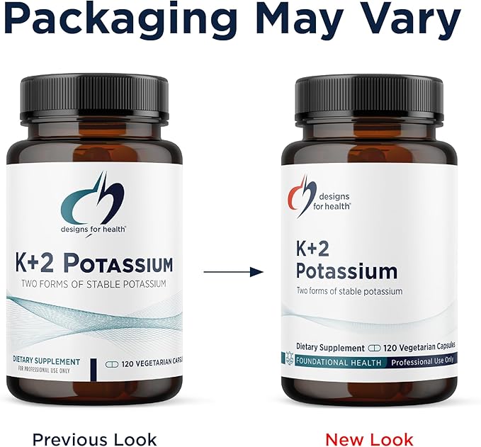 Designs for Health K+2 Potassium - 300mg Two Forms of Potassium - Potassium Bicarbonate + Glycinate Pills - Supplement Support to Help Maintain Healthy Blood Pressure Levels (120 Capsules)