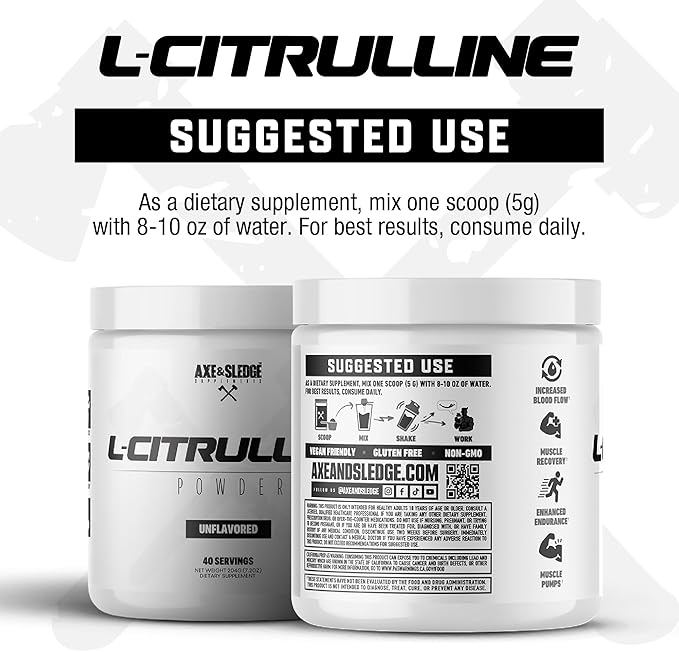 Axe &amp Sledge Basics Citrulline | 5g Pure Citrulline Unflavored 40 Servings | Boost Nitric Oxide Production | L-Citrulline Supplements for Men &amp Women - Stamina Performance &amp Endurance f