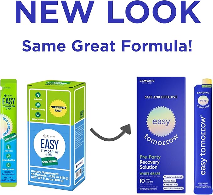 EASY TOMORROW - Natural Energy &amp Morning Vitality Jelly Stick - Daily Korean Skin Health Supplement &amp After Drinking Support with DHM &amp Glutathione - K-Beauty Inspired (White Grape Flavor