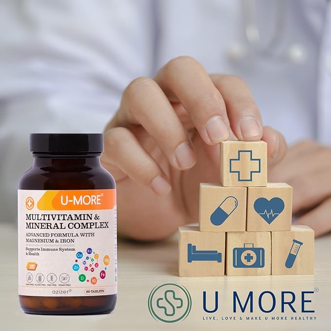 U-MORE Multivitamin &amp Mineral Complex Vegan Sugar-Free Gluten-Free Calcium Magnesium Vitamin A B1 B2 B5 B6 B12 D3 K C Iron Zinc Supports Immune System &amp Overall Health - 60 Ta