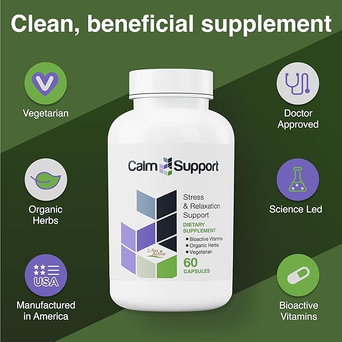 CalmSupport: Stress &amp Relaxation Support - Ashwagandha Passion Flower Valerian Root Ginger GABA Velvet Bean Motherwort Oat Seed L-Theanine L-Tryptophan Folate CB1B6B12Zinc - 60 Caps
