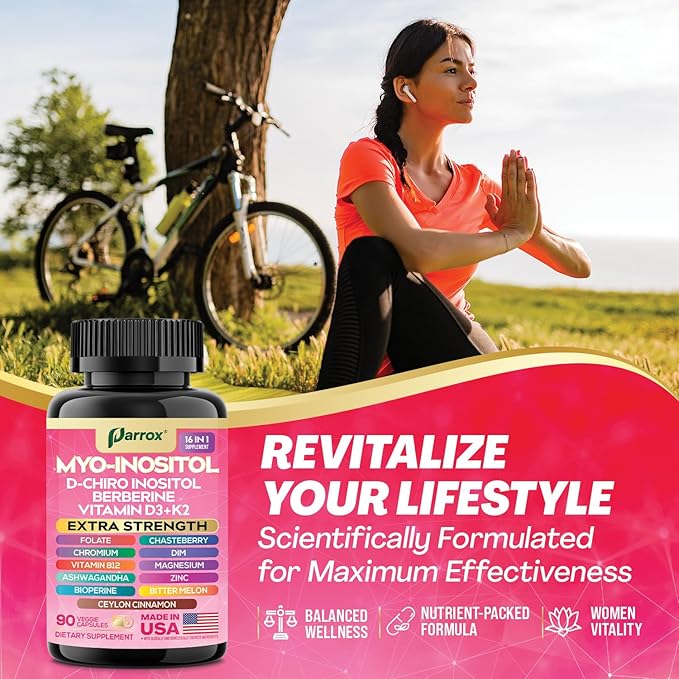 Myo Inositol Supplement D-Chiro Inositol Folate DIM Vitamin D3 B12 K2 Chromium Bioperine Ceylon Cinnamon Zinc Ashwagandha Chasteberry Magnesium Berberine (90 Vegan Capsules)