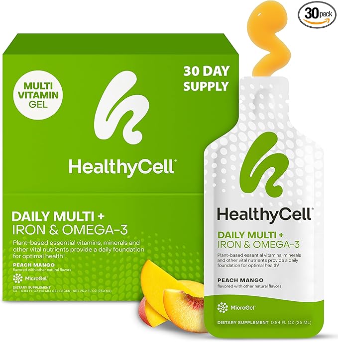 Healthycell Vegan Daily Multivitamin Liquid Supplement with Iron and Omega-3 25+ Essential Vitamins Minerals &amp Nutrients for Brain &amp Heart Health Immune Support &amp Energy - 30 Gel Packs