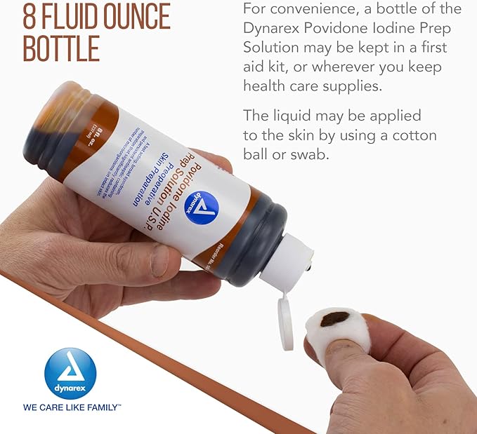 Dynarex Povidone-Iodine Prep Solution Antiseptic Solution for Skin and Mucosa Ideal for Surgical Site Preparation Contains Povidone Iodine 10%1 Case of 24 8 fl. oz. Bottles (Packaging May Vary)