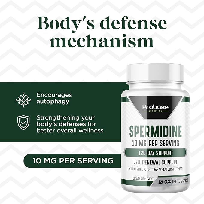 Probase Nutrition Spermidine (10mg of 99% Spermidine 3HCL - Third Party Tested) 120 Capsules - 100x More Potent Than Wheat Germ Extract Telomere Health and Aging 120-Day Supply - As efficient as NMN