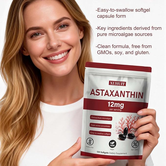 Astaxanthin 12mg Softgels | Natural Algae-Derived Botanical Extract (Haematococcus pluvialis) | Easy Swallow Non-GMO 120 Count per Bag (2)