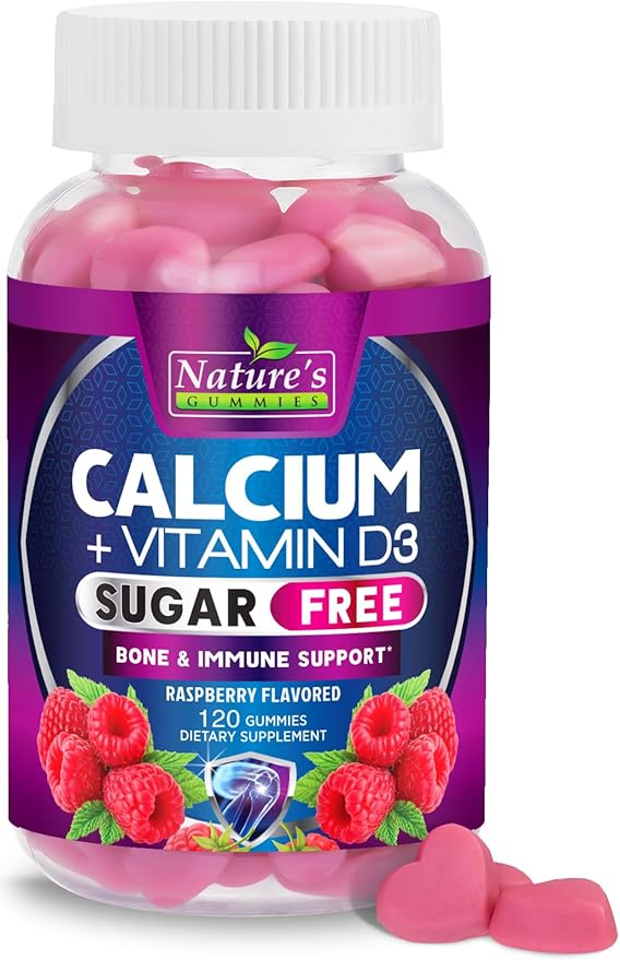 Calcium Supplement Gummies - Sugar Free Calcium Gummy with Vitamin D3 for Best Absorption - Supports Immune Health Bones &amp Teeth - Nature's Calcium Chews for Women &amp Men - Berry Flavor - 120