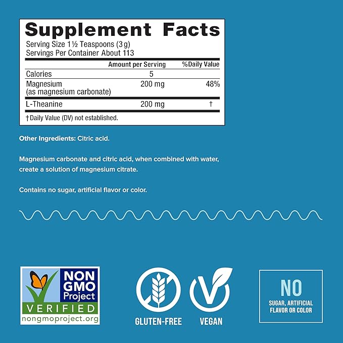 Natural Vitality Calm Mind Magnesium Citrate + L-Theanine Powder Supplement for Stress Relief Gluten Free &amp Vegetarian Unflavored 12 oz.