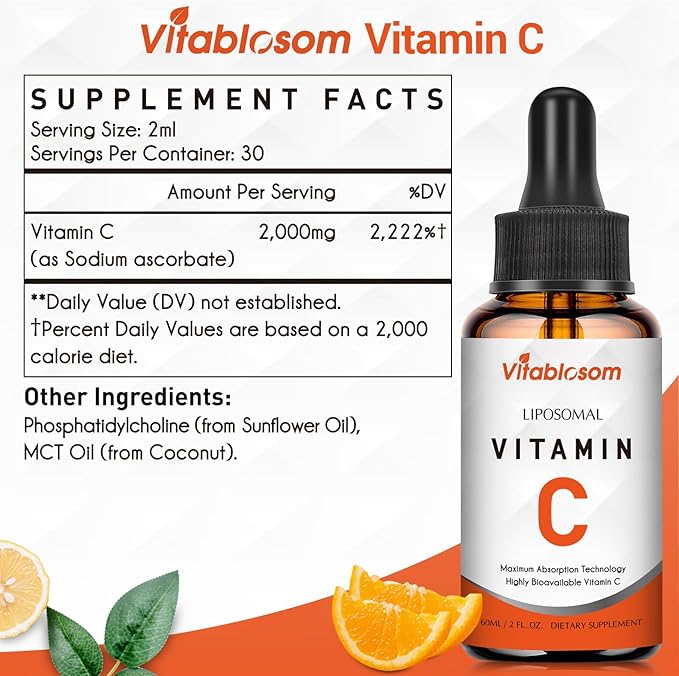 Vitablosom Liposomal Vitamin C 2000mg Liquid for Adults High Absorption VIT C Maximize Vitamin C Good for Immune System &amp Antioxidant 60ML (10 Bottles)