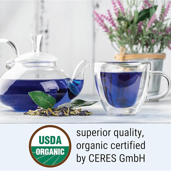 USDA Organic Butterfly Pea Flower Tea 8.82oz 750+ Cups | Great for Iced or Hot Brewed Herbal Tea | Natural Blue &amp Purple Food Coloring | Rich Source of Antioxidants | Caffeine Free Non-GMO No