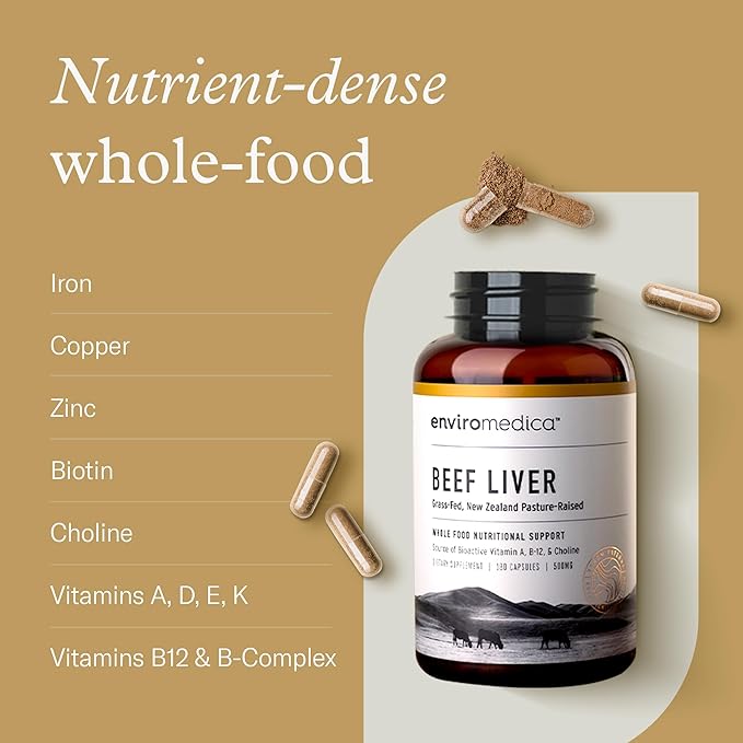 Enviromedica Grass Fed Beef Liver Capsules - Freeze Dried Liver Supplement for Men &amp Women with Preformed Vitamin A Pastured &amp Grassfed New Zealand Bovine Beef Organ Meat180 Pills