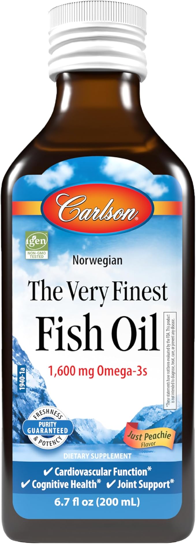 Carlson - The Very Finest Fish Oil 1600 mg Omega-3s Liquid Fish Oil Supplement Norwegian Fish Oil Wild-Caught Sustainably Sourced Fish Oil Liquid Just Peachie 200 mL (6.7 Fl Oz)