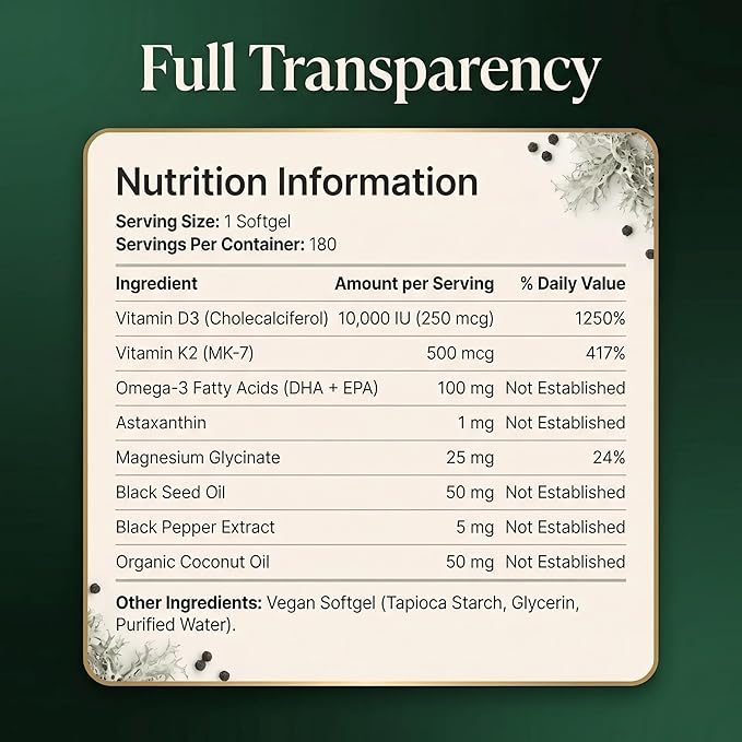 Vitamin D3 10000 IU + K2 MK-7 (500mcg) | High-Strength Vegan D3 from Lichen | Omega-3 DHA/EPA Astaxanthin Black Seed Oil &amp Algal DHA | Immune Bone Heart &amp Muscle Support | 180 Softgels