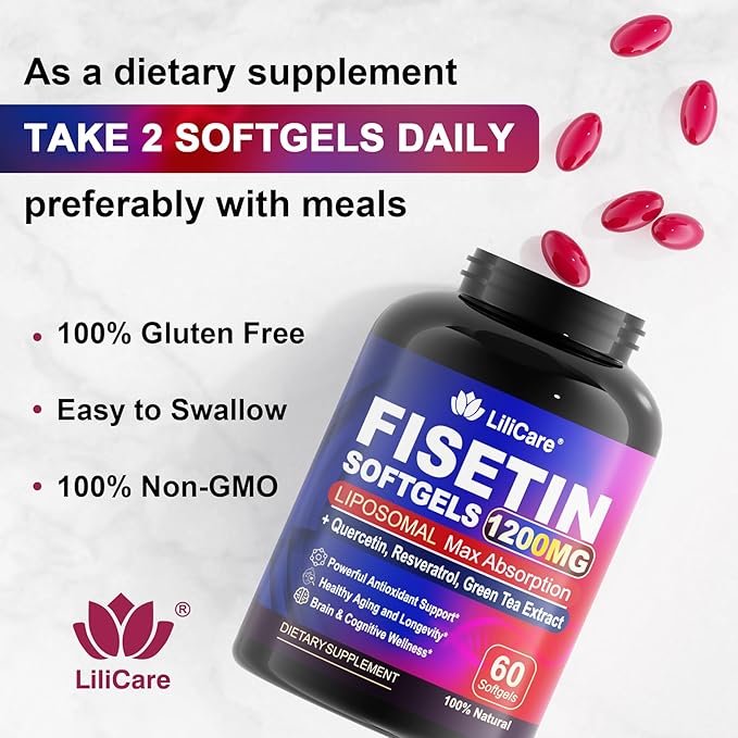 LILICARE Fisetin Supplement - Liposomal Super Absorption 98% Pure 1200mg with Quercetin Resveratrol Green Tea Extract for Healthy Aging &amp Longevity Skin Health Brain &amp Antioxidant - 60 Sof