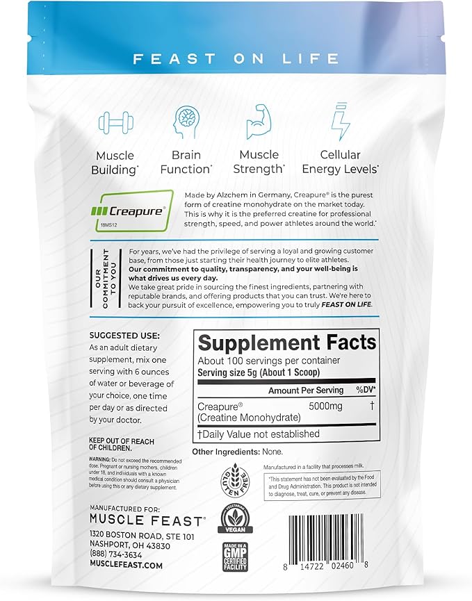 Muscle Feast Creapure Creatine Monohydrate Powder Vegan Keto Friendly Gluten-Free Mass Gainer Muscle Recovery Supplement and Trusted Creatine for Muscle Growth Creatine Powder Unflavored 500g