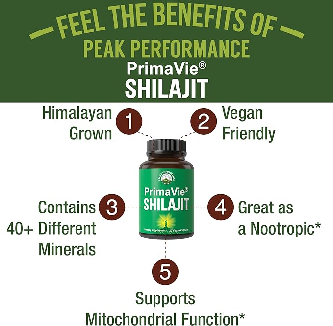 PrimaVie Purified Shilajit Capsules Made with Pure Shilajit Powder. Clinically Tested Natural Supplement with 40+ Trace Minerals Fulvic Acid. Tablets Support Mitochondria + Brain Function
