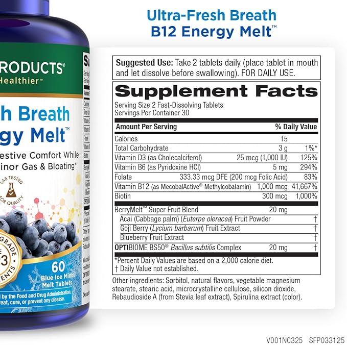 Ultra Fresh Breath B12 Energy Melts – 1000 mcg Methylcobalamin + Probiotics Zinc D3 &amp Biotin – Supports Energy Immunity Digestive Comfort &amp Oral Health - Mint Flavor Chewable Tablets – 60