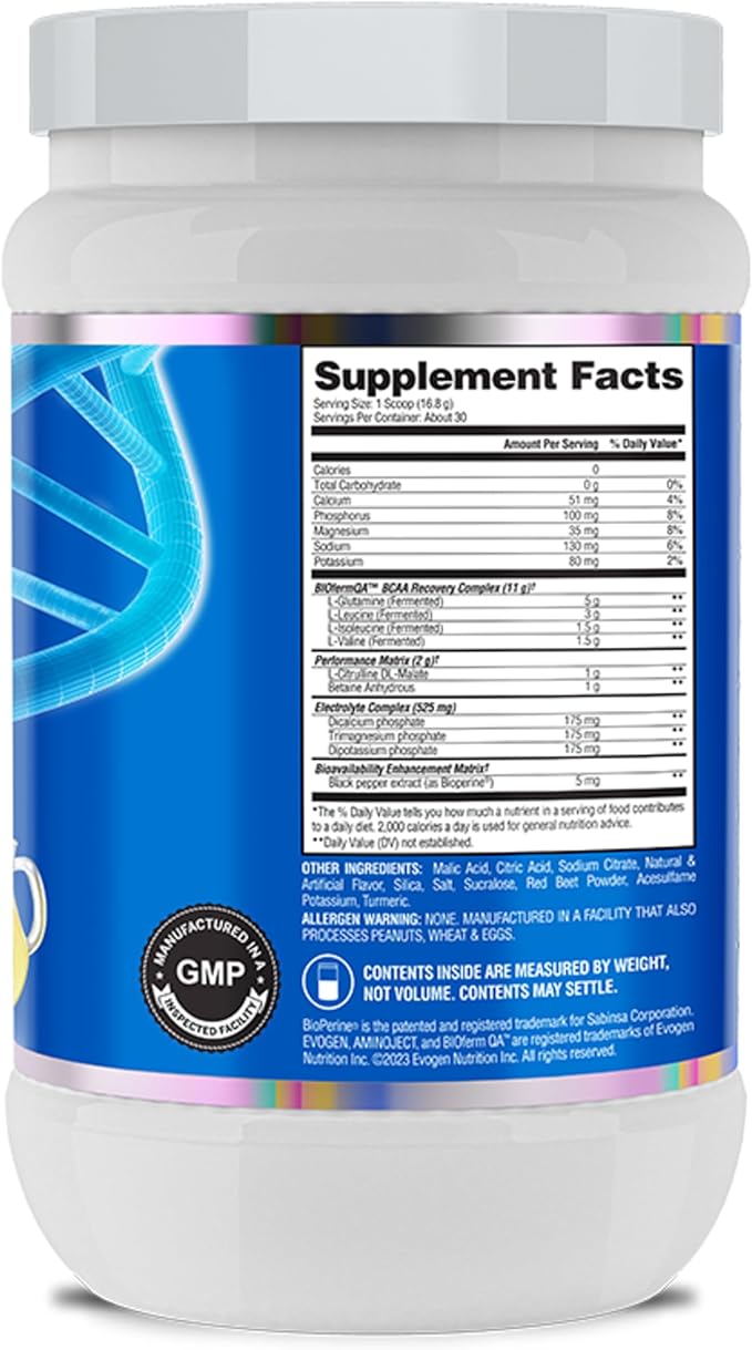 Evogen AminoJect - Premium BCAA Powder &amp EAA Recovery Formula with Electrolytes | Amino Acids Supplement for Muscle Growth Hydration &amp Recovery | Raspberry Lemonade | 30 Servings