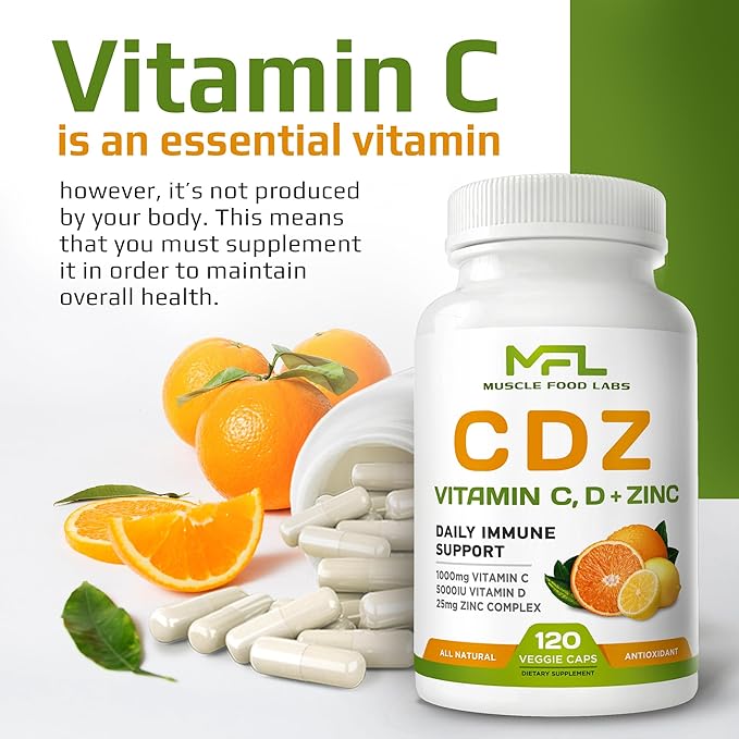 C D Z | Vitamin C 1000mg | Vitamin D3 125mcg | Zinc 25mg | Non-GMO &amp Gluten Free | 120 Vegetarian Capsules | 120 Servings