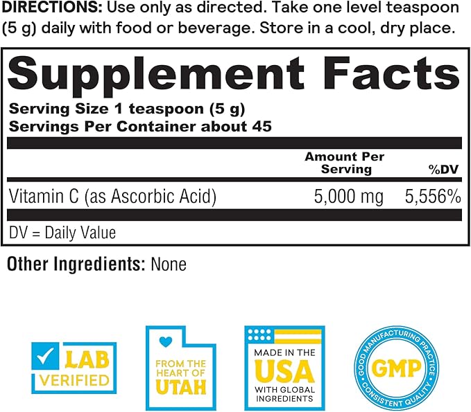 Nature's Life Pure Vitamin C Crystals - 5000mg VIT C - Antioxidant and Immune Support Supplement Cardiovascular Support - Easy-to-Take Vitamin C Powder Crystals - 60-Day Guarantee 45 Servings 8oz