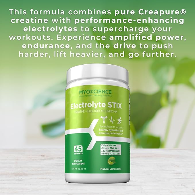 MYOXCIENCE Electrolyte STIX | Creatine Electrolyte Powder | Recovery from Exercise &amp Muscle Development w/Real Salt (Lemon Lime Flavor) (Jar 45 ct)