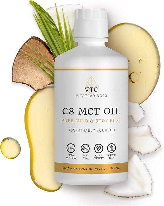 VTC VitaTradingCo. 100% Pure C8 MCT Oil | 3X Distilled Caprylic Acid | Healthy Fat for Clean Energy | Sustainably Sourced | Non-GMO Paleo Keto | 32oz 64 Servings (Unflavored)