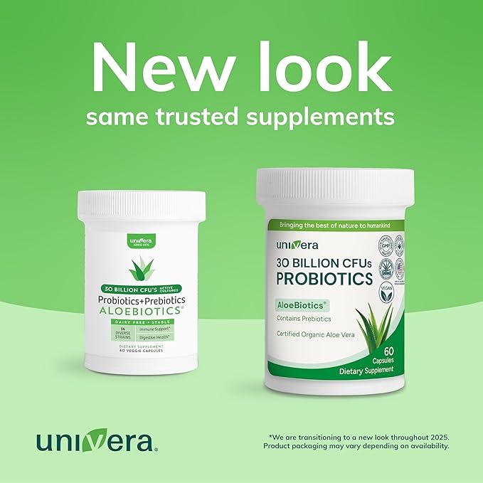 Univera Probiotics Probiotics and Prebiotics 30 Billion CFUs with Organic Aloe Vera -14 Strains Digestive Enzymes for Adults - Vegan AloeBiotics 60ct.