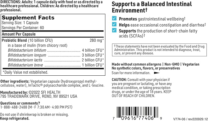 Klaire Labs SFI Health Ther-Biotic Factor 4-100% Bifidobacterium Probiotic - Bifidobacterium Bifidum with Breve Lactis &amp Longum - Immune &amp Gut Health Support - Hypoallergenic (60 Caps / 2 Pac