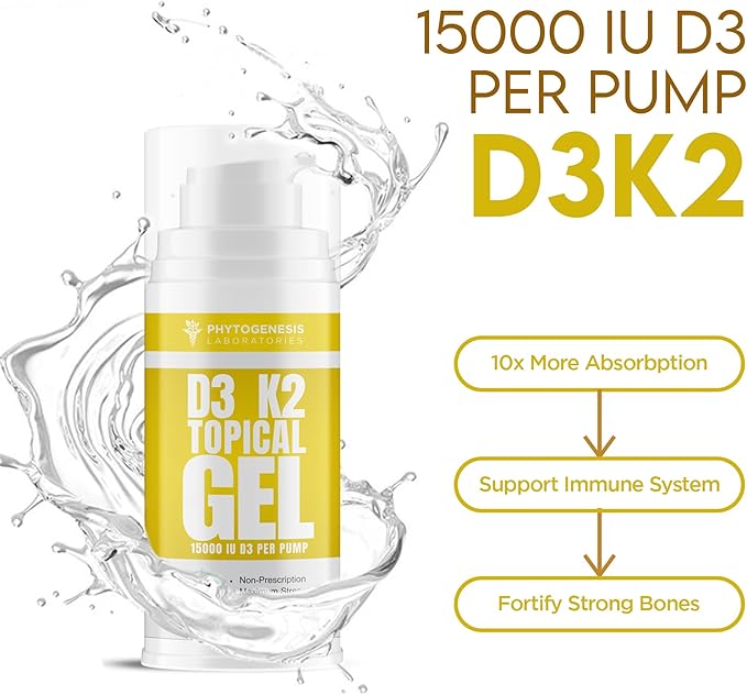 Vitamin D3 K2 Maximum Strength Topical Gel - 15000+ IU Per Pump - The Sunshine Vitamin - Supports Bone &amp Joint Health Immune Support - One Month Supply