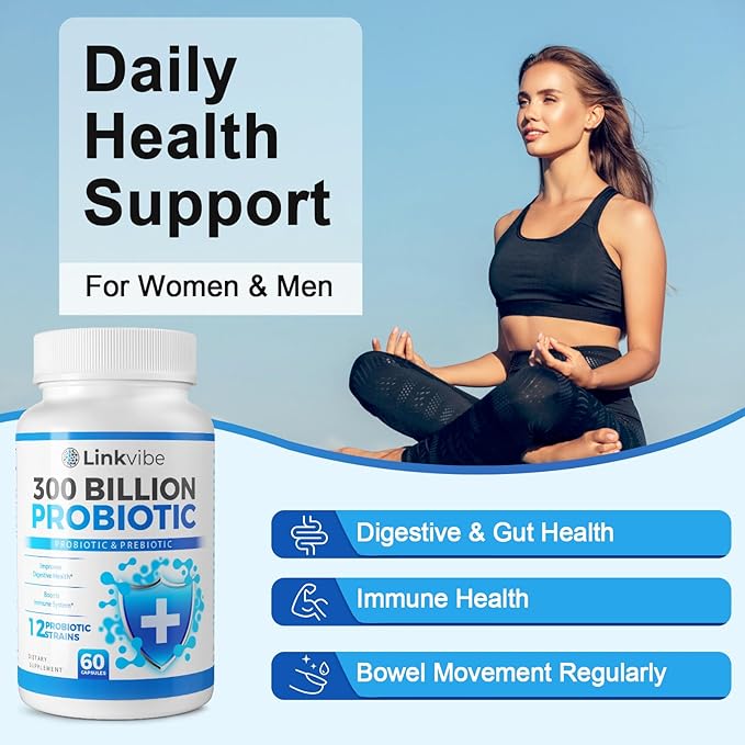 Probiotic 300 Billion CFU - 12 Strains with Organic Prebiotics for Digestive &amp Gut Immune Bloating Health - Probiotics for Women and Men - Daily Dairy Free Shelf Stable - 120 Counts