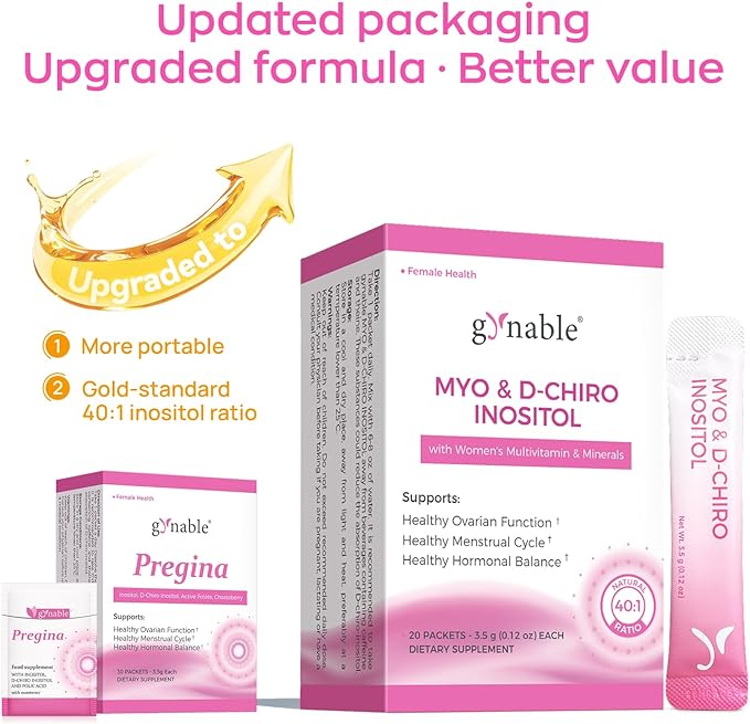 Gynable Pregina Myo-Inositol &amp D-Chiro Inositol Powder for Women - PCOS Fertility Support Hormonal Balance Regular Cycles | Patented Active Folic Acid Vegan Gluten-Free (30 Servings Peach)