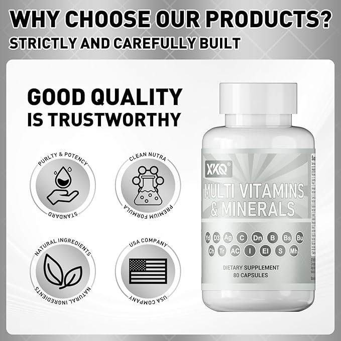XKQ Multivitamins &amp Minerals 80 Capsules – Daily Vitamin C D3 B Vitamins &amp Zinc for Energy Immune &amp Metabolic Support – Complete Adult Multivitamin Supplement