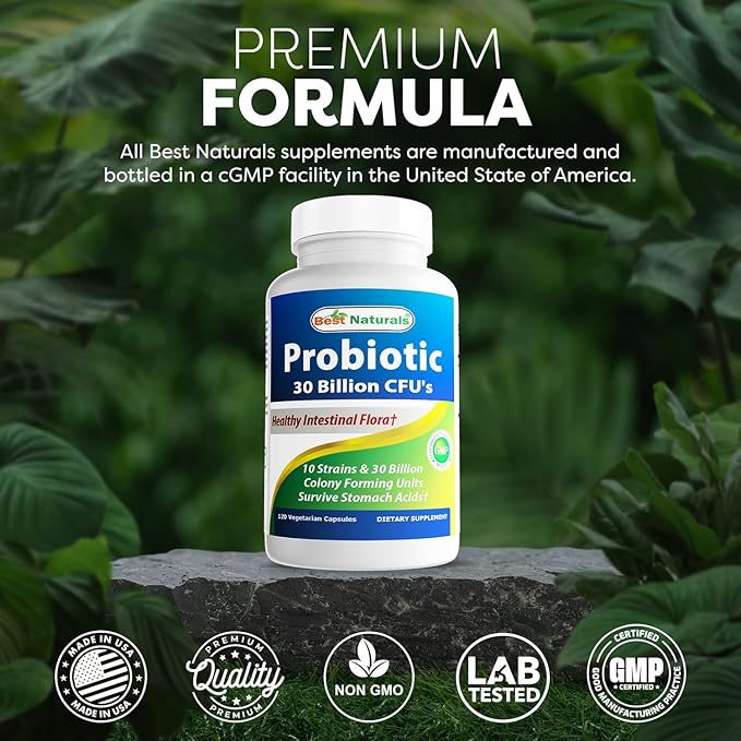 Best Naturals Probiotic 10 Strains &amp 30 Billion CFU Intestinal Flora 120 Veggie Capsules - Shelf Stable probiotic (4146365)