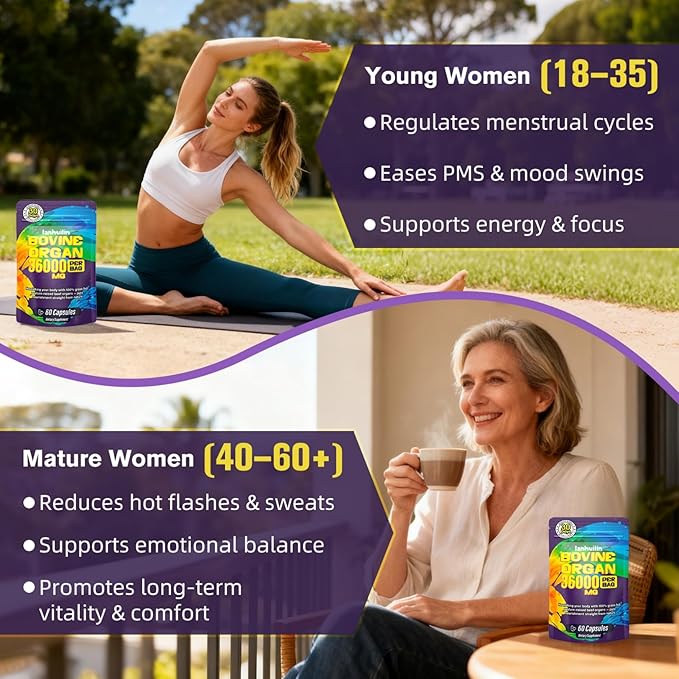 Beef Organ Supplement for Women - 100% Grass Fed Beef Organs with Bovine Liver Ovary Uterus Kidney Heart &amp Fallopian Tubes - PMS Menopause &amp Energy Immune &amp Mood Support 60 Count