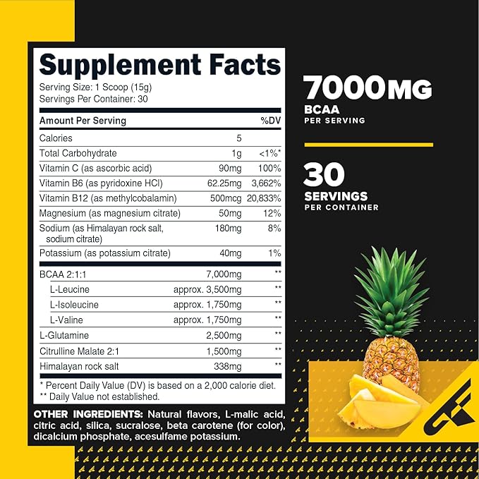 Primaforce BCAA Powder (Pineapple Mango) 30 Servings Per Container - 2:1:1 BCAAs Post-Workout Recovery Drink with Amino Acids and Real Salt for Men &amp Women