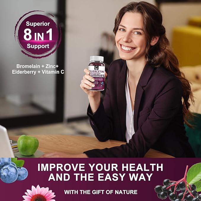 (2 Pack) Quercetin Gummies - Quercetin with Bromelain 2378mg - Blend with Elderberry Echinacea Purpurea Extract Zinc Vitamin CD3K2 Complex Supports Immune Cardiovascular &amp Respiratory Funct