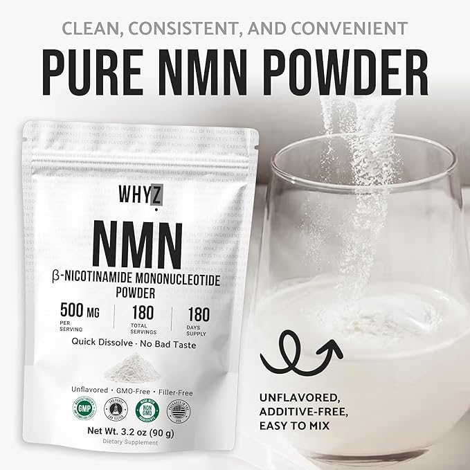 Pure NMN Powder Nicotinamide Mononucleotide Quick Dissolved NMN Supplement Powder 100% Unflavored NMN Supplement Supports NAD+ Levels Vegan Friendly Non-GMO 180 Servings 3.2 oz (90g)