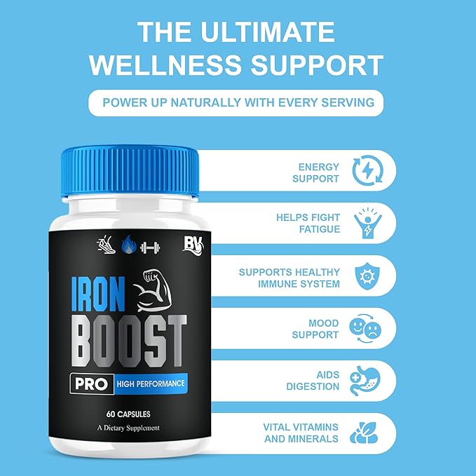 Iron Boost Pro Premium Performance Capsules Iron Boost Advanced Health Supplement Pills Iron Boost Premium Daily Health Support and Overall Wellness Formula by Blue Vibe (3 Pack - 180 Capsules)