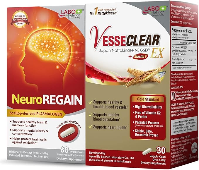 LABO Nutrition VesseCLEAR EX + NeuroREGAIN: Nattokinase NSK-SD Elastin F for Clean &amp Flexible Blood Vessel Cardiovascular &amp Circulation Support Scallop-derived PLASMALOGEN for Brain Deterio