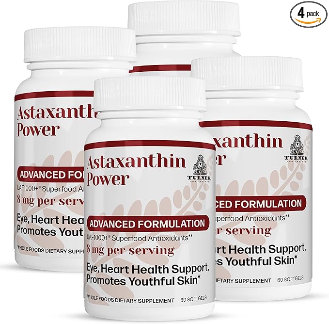 TURNER New Zealand Astaxanthin Power with UAF1000+ Anti-Aging Skin Eye Nerve Muscle Recovery Immune Support Antioxidant Supplement 12mg Astaxanthin 120 Servings 4 Bottles