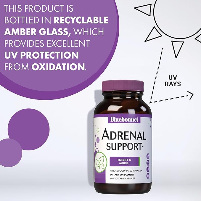 Bluebonnet Nutrition Adrenal Support Energy &amp Mood* Non-GMO Vegan Kosher Certified Gluten-Free Soy-Free Dairy-Free 60 Vegetable Capsules 30 Servings