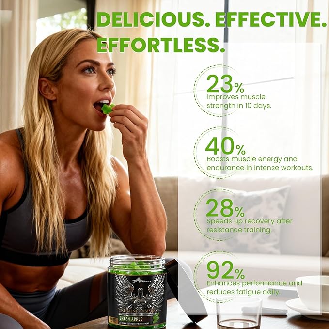 Ascend Creatine Monohydrate Gummies 5000mg Green Apple Flavor 30 Servings