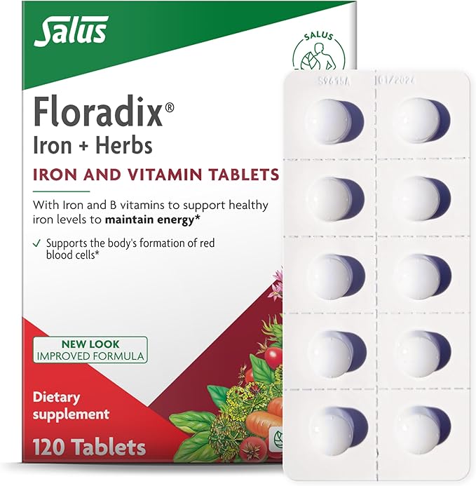 Floradix Iron Tablets - Iron Supplement with B Vitamins Folic Acid Vitamin C &amp More - Energy Support - Vegetarian &amp Gluten-Free - 120 Tablets (120 Servings)