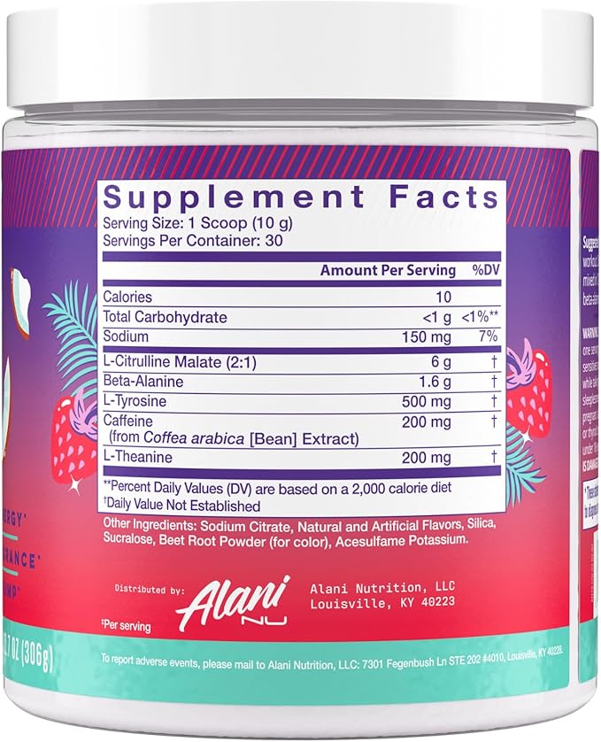 Alani Nu Pre Workout Powder Hawaiian Shaved ICE Amino Energy Boost Endurance Supplement Sugar Free 200mg Caffeine L-Theanine Beta-Alanine L-Citrulline 30 Servings